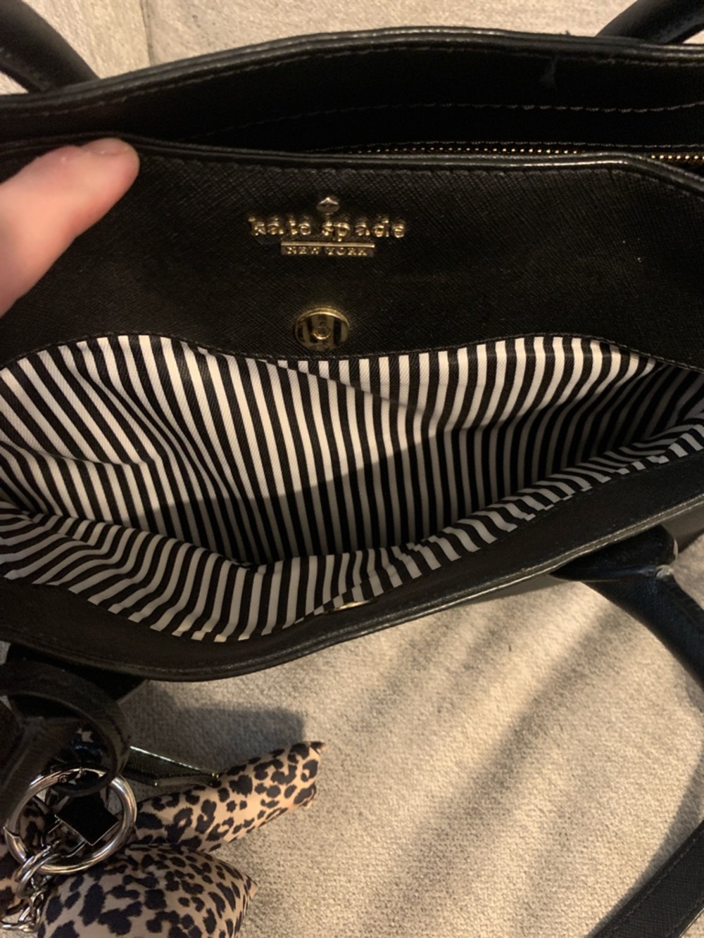 kate spade Cameron Street Candace Black Leather Satchel crossbody Leopard Charm - Picture 4 of 14